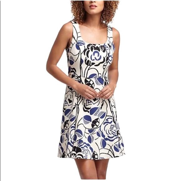 Anthropologie Vanessa Virginia Ink Set Blooms cream floral fit & flare dress 8 - Picture 1 of 15